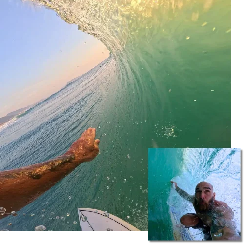 Visão em primeira pessoa de dentro do tubo de uma onda, com a prancha e o braço do surfista à frente