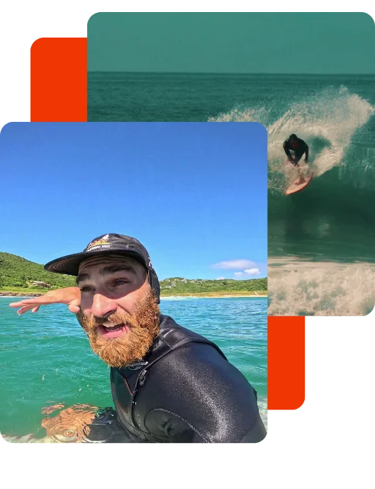Montagem com três fotos do Pietro: no mar de macacão, surfando uma onda e o horizonte da praia